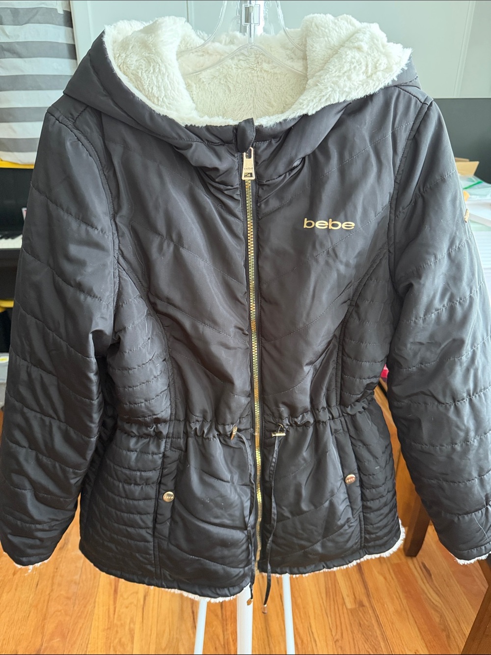 bebe Black Hooded Puffer Jacket with White Sherpa Lining